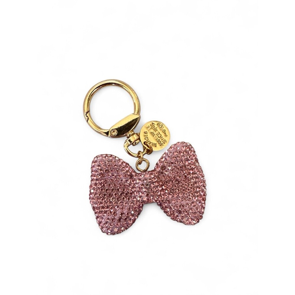New Pink Rhinestone Bow Keychain With Gold Tone Ring